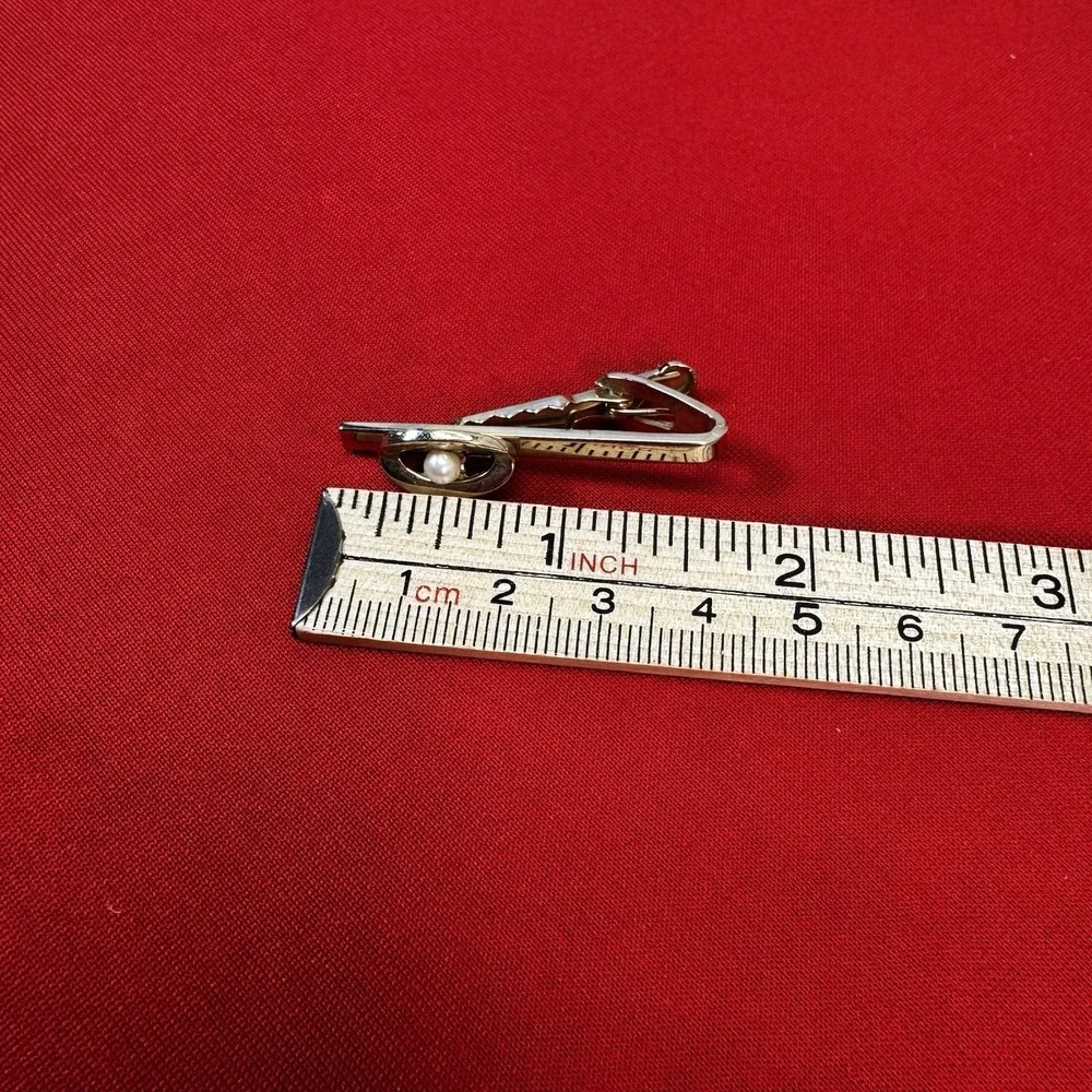 Vintage Shiny‎ Gold Tone TIE BAR CLIP CLASP STAY Faux Pearl
